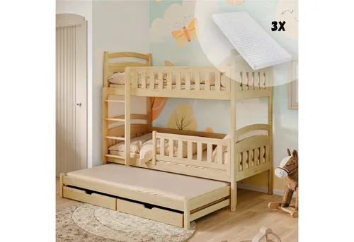 Hochbett 90x200 mit Ausziehbett und Schubladen - Vielseitiges Kinderbett aus massivem Kiefernholz mit Rausfallschutz und drei Matratzen. Umbau in drei Einzelbetten möglich, ideal für kleine Räume.