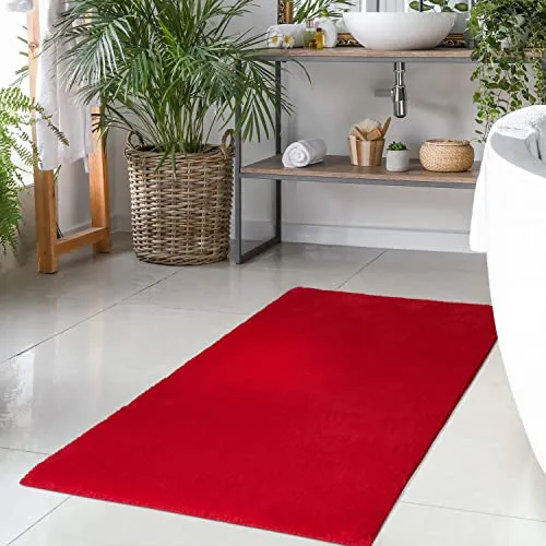 carpet city Badteppich Rot - 40x60 cm Einfarbig - Badematte rutschfest, waschbar, weich, saugfähig, schnelltrocknend - Badvorleger Hochflor Soft Touch Badezimmer