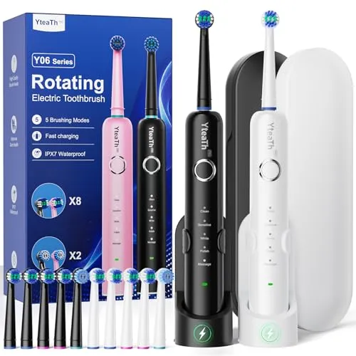 Rotierende elektrische Zahnbürste für Erwachsene – 2 rotierende Zahnbürste mit 10 Bürstenköpfen und 2 Reiseetui, 5 Modi, wasserdicht IPX7, wiederaufladbare elektrische Reise-Zahnbürste, Schwarz und
