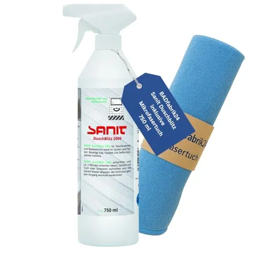 BADfabrik24 Duschblitz Reinigungsset – Sanit Duschblitz 2000 Sprayflasche 750 ml + Mikrofasertuch für Bad & Dusche,Badreiniger Spray, Duschkabinenreiniger, Kalkentferner Dusche, Reinigungsmittel Bad