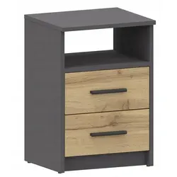 MATKAM Nachttisch in klassischer Optik - Eleganter Nachttisch mit zwei Schubladen und offenem Ablagefach, ideal für kleine Schlafräume. Robuste, pflegeleichte Oberfläche in Anthrazit Grau-Wotan Eiche.