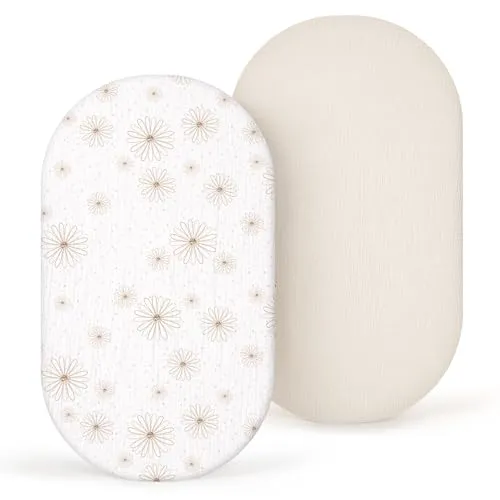 lulumoon Musselin-Baumwolle Spannbettlaken 90x40 cm: 2er Set Kinderwagen Bettlaken Stubenwagen Matratzenbezug für Babybett und Beistellbett (Margerite Weiß)