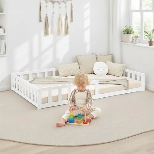 Homestyle4u Kinderbett Weiß mit Rausfallschutz 120x200 cm - Montessori Bodenbett aus robustem Kiefernholz, ideal für kleine Abenteurer. Mit umlaufendem Rausfallschutz und Lattenrost für sicheren Schlafkomfort.