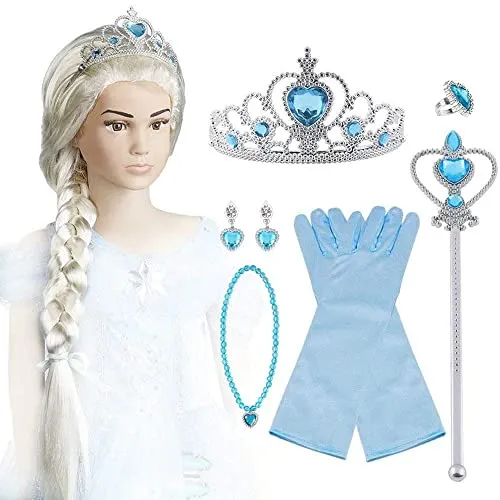 Vicloon ELSA Set, ELSA Handschuhe, Pfirsichherz Krone, Zauberstab, Halskette, Ring, Ohrring, Clip-On Toupet, Set von 9