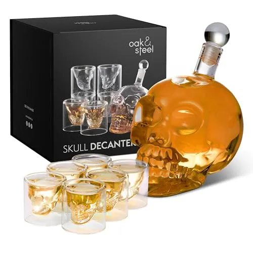 Oak & Steel – Totenkopf-Glaskaraffe und 6 Totenkopf-Schnapsgläser, Premium-Wein- und Whiskyspender, Halloween-Geburtstags-Geschenk-Set, Idee – 700 ml