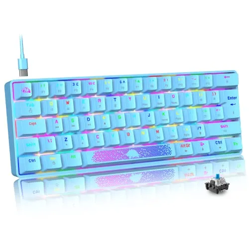 MAGIC-REFINER UK Layout 60% Mechanische Gaming-Tastatur, Blauer Schalter, Mini-62 Tasten, USB C, RGB Hintergrundbeleuchtungseffekte Rainbow LED-Licht, Kompatibel Mit Computer Rechner Win/Mac - Blau