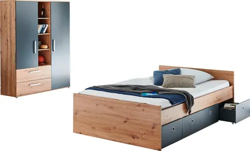 Jugendzimmer 3er-Set Alessio, mehrfarbig - Komplett-Jugendzimmer mit viel Platz und zusätzlichem Stauraum, Maße: 430x287 cm, Liegefläche 120x200 cm, in stilvollem Anthrazit und Artisan-Oak-Nachbildung.