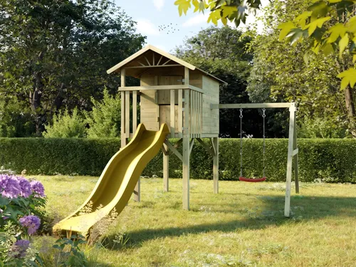 Stelzenhaus Tree Hut KDI mit Einzelschaukel und Rutsche in Gelb - Vielseitiges Stelzenhaus mit Rutsche und Schaukel aus kesseldruckimprägniertem Holz. Ideal für den Garten, fördert Bewegung und Kreativität beim Spiel im Freien.