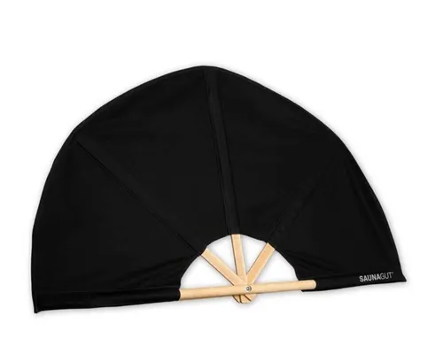 SAUNAGUT® Aufgussfächer Esche KLEIN, Schwarz - Saunazubehör: Robuster Faltfächer mit arretierbarem Griff für präzises Verwedeln heißer Luft, ideal für die private Sauna, Made in Germany.