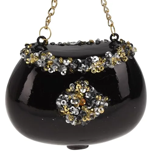 Glas Christbaumschmuck Set – lustige Baumhänger mit Glitzer, Gemüse, Avocado, Handtasche Baumschmuck – Moderne Weihnachtsbaum Deko (1 x Handtasche - Schwarz mit Pailetten - 7 x 5 cm)