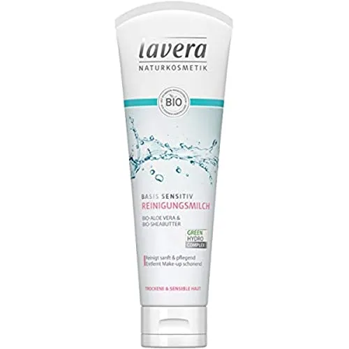 lavera Reinigungsmilch Basis Sensitiv - Make-up Entferner 125ml - Gesichtsreiniger & -wasser, sanfte Reinigungsmilch für trockene und sensible Haut mit Aloe Vera und Sheabutter, vegan und ideal für die tägliche Anwendung.