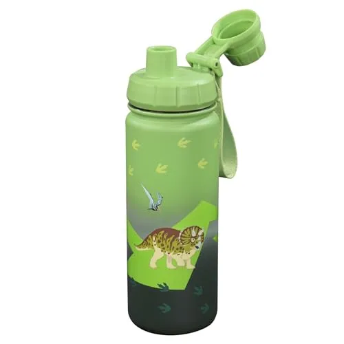 Step by Step Edelstahl Trinkflasche für Kinder - Hochwertige Edelstahl Trinkflasche mit coolem Dino-Design. 0,5 l Volumen, 100% BPA-frei, ideal für den Alltag. Praktischer Drehverschluss und Namensschild für persönliche Gestaltung.