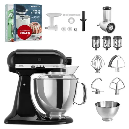 KitchenAid 4,8 L 5KSM175 Artisan Küchenmaschine Set mit Zubehör - Onyx Schwarz - Vielseitiges Küchenmaschinen-Set für kreative Köche. Enthält 4,8 L Edelstahlschüssel, Gemüseschneider und Fleischwolf – ideal zum Mixen, Raspeln und Zerkleinern von Zutaten.