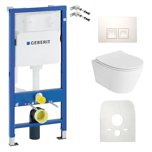 Lavita Duofix Basic Vorwandelement + Wand Tiefspül WC Praia Weiß Spülrandlos + WC Sitz + Bedienplatte Delta 25 Weißer Knopf Komplettset Unterputz Spülkasten Toilette Komplett Sett WC
