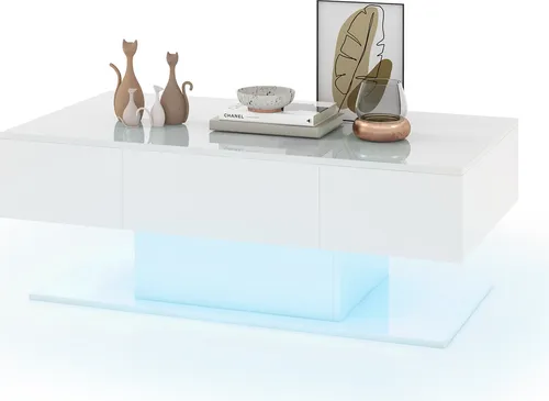 GOPLUS LED Couchtisch mit Hochglanz und 2 Schubladen – Modern und Anpassbar - Stylischer Couchtisch mit 20 Lichtfarben und 22 Modi. Bietet großzügigen Stauraum mit Schubladen und offenem Regal. Perfekt für eine einladende Atmosphäre in Ihrem Wohnzimmer.