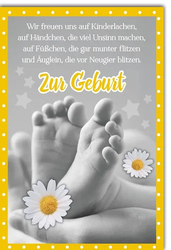 Baby Glückwunschkarte - Babyfüßchen s/w 11,5 x 17 cm - Karten & Einladungen, stilvolle Grußkarte zur Geburt mit niedlichem Babyfüßchen-Design für unvergessliche Glückwünsche.
