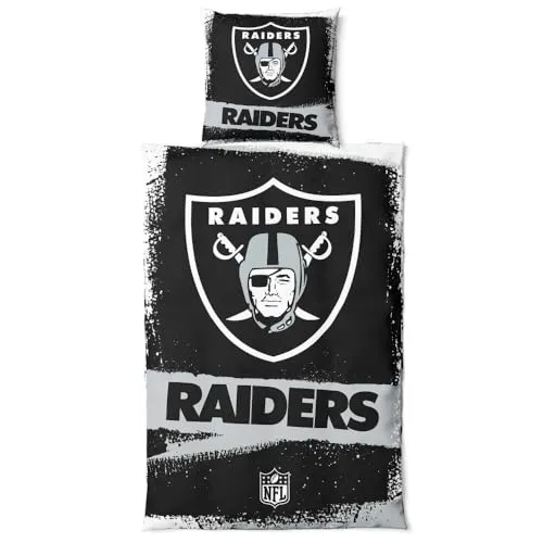 Las Vegas Raiders NFL Bettwäsche Set - Baumwolle mit Reißverschluss - Bettwäsche-Set für Fans der Las Vegas Raiders, 100 % Baumwolle, inklusive 135x200 cm Deckenbezug und 80x80 cm Kissenbezug mit praktischem Reißverschluss.