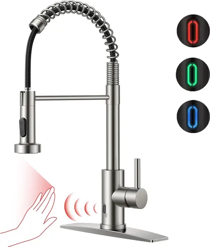 LED Infrarot Sensor Wasserhahn Küche Mit Ausziehbare Brause Küchenarmatur 360° Schwenkbar Mischbatterien, 3 Farben , Gebürstetes Nickel