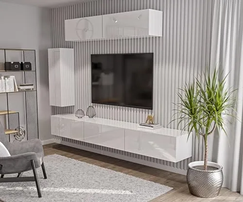 HAJDUK FURNITURE Wohnwand Set, TV-Lowboard, Seitenschrank, 2X Hängeschrank, Weiß Hochglanz Modern Design, Hängend Wohnzimmer-Set