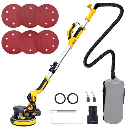 HYCHIKA Trockenbauschleifer, Wandschleifer, 750W Wand Schleifer mit Absaugung, Ausziehbarer Faltbarem Griff, Schleifgiraffe mit 6 Gänge schalten und LED-Licht Schleifteller Ø 214mm