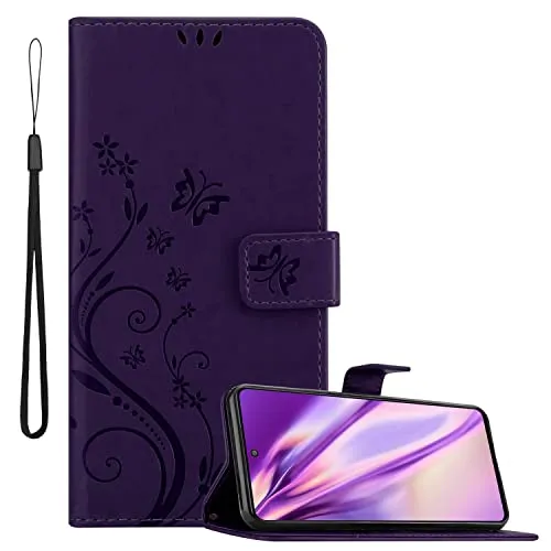 Cadorabo Hülle kompatibel mit Samsung Galaxy M52 5G Blumen Design aus Kunst Leder Flip Klappbare Stoßfeste Magnetische [Standfunktion] [Kartenfächern] Cover Hülle für Galaxy M52 5G Tasche in Lila