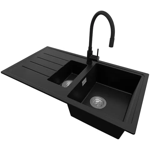 PRIMAGRAN Granitspüle Schwarz 90x50cm, Spülbecken 1,5 Becken + Küchenarmatur 40x38cm + Ablauf-Set, Küchenspüle ab 60er Unterschrank - Kopenhagen Duo S017