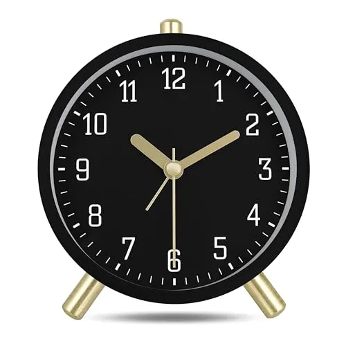 Lafocuse Wecker Analog Ohne Ticken, Metall Schwarz Wecker mit Nachtlicht, Batteriebetrieben, Moderne Klassisch Tischuhr Lautlos für Nachttisch Schlafzimmer Büro 11cm