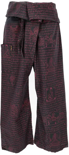 Thai Fischerhose mit Mantra Druck - Hosen im Ethno Style, aus 100% gewebter Baumwolle, ideal für Yoga und Freizeit, fair gehandelt in Nepal.