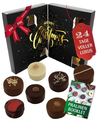 Hallingers Genuss Manufaktur Pralinen Adventskalender 2025 – 24 handgemachte Premium Pralinen mit & ohne Alkohol – Genusskalender aus der Manufaktur – Edle Geschenkidee|Made in Bayern