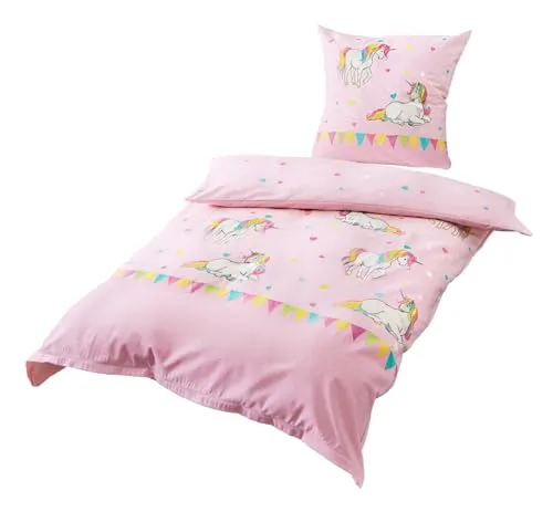 Bierbaum Jack by Kinder Biber Bettwäsche 2 TLG. Einhorn Rosa 135x200cm - Bettwäsche-Set für Kinderbetten mit zauberhaften Einhorn-Motiven, aus 100% Baumwolle, atmungsaktiv und pflegeleicht, perfekt für süße Träume.