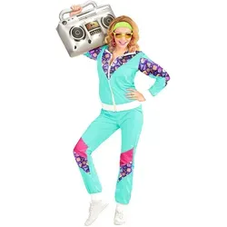 Carnival Party 80er Jahre Trainingsanzug Kostüm XXL - Faschingskostüm im 80er Jahre Stil in Türkis, ideal für Karneval und Kostümpartys. Enthält Sweatjacke und Hose, auffälliges Colour-Blocking Design.