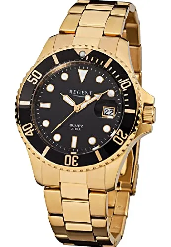 Regent Herren Analog Quarz Uhr 11140113 - Elegante Armbanduhr für Herren mit goldenem Edelstahlarmband und 30 bar Wasserdichtigkeit – perfekt für jeden Anlass!