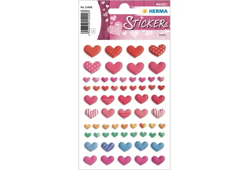 HERMA Sticker Herma Sticker MAGIC Love Fröhliche bunte Herzen Transpuffy 1 Bl