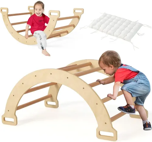 GOPLUS Kinder Kletterbogen mit Kissen – 2-in-1 Klettergerüst aus Holz - Vielseitiger Kletterbogen aus robustem Buchenholz, der als Kletterleiter und Wippe genutzt werden kann. Fördert die motorischen Fähigkeiten und Kreativität von Kindern ab 3 Jahren. Inklusive bequemem Kissen für zusätzlichen Komfort.