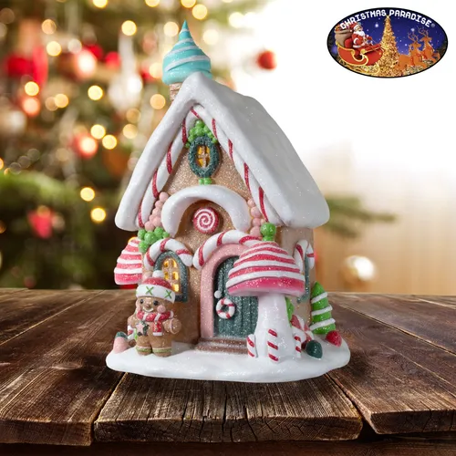 LED Lebkuchenhaus 30cm in Weiß-Rosa – Festliche Weihnachtsdeko - Wunderschönes 30cm großes LED Lebkuchenhaus aus Polymer Clay, ideal für eine stimmungsvolle Weihnachtsdekoration in jedem Raum. Batteriebetrieben und perfekt für alle Altersgruppen.