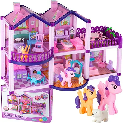 MalPlay Puppenhaus mit Möbeln und Ponys | Klappbar und Tragbar