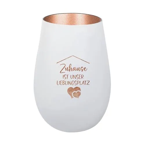 Der-Porzellan-Laden Windlicht mit Gravur Zuhause ist unser Lieblingsplatz, Weiß Bronze, Teelichthalter aus Glas mit Spruch, Tischdeko modern