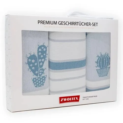 Hochwertiges Geschirrtücher Geschenkset aus 100% Baumwolle I Küchentücher 70x50 (Geschenkset (3x Küchentuch), Kaktus Blau