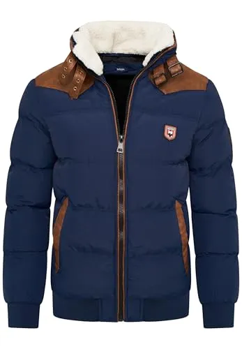 behype. Herren Winterjacke mit abnehmbarem Kunstfell in Schaf-Optik Kurze Steppjacke warme Outdoorjacke Jacket Puffer-Jacke Piloten-Stil OR_1215-Navy-M