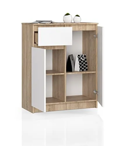 BDW Kommode mit 1 Schublade und Zwei Türen, Sideboard, Multifunktionsschrank, Wohnzimmer, Esszimmer 80x99x40cm VIELE Farben! (Sonoma Eiche - Weiß)