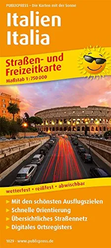 Italien, Italia: Straßen- und Freizeitkarte mit Touristischen Straßen, Highlights der Region und digitalem Ortsregister. 1:750 000 (Straßen- und Freizeitkarte: StuF)