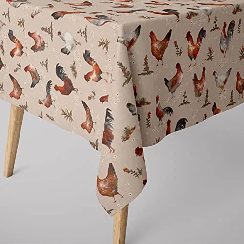 SCHÖNER LEBEN. Tischdecke Leinenlook Chicken Farm Hühner Natur braun, Größe:100x100cm