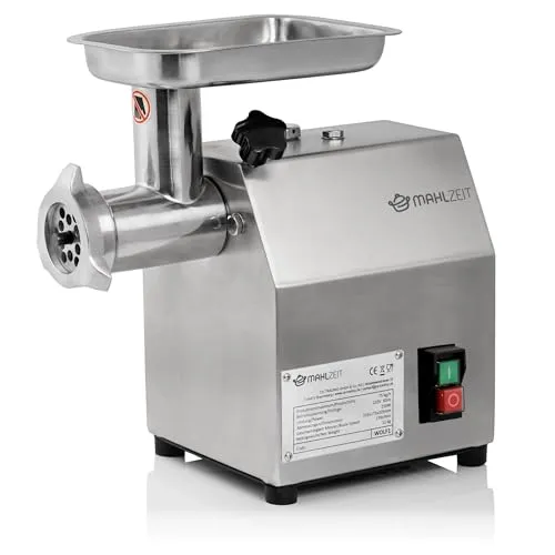 Mahlzeit Profi Edelstahl Fleischwolf elektrisch 250W - Fleischwolf für 75kg/h, ideal zum Zerkleinern von Fleisch für Hackfleisch, Wurst und Burger. Hygienisch und leicht zu reinigen, perfekt für Hobbyköche und Gastronomie.