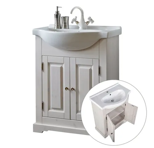 Lomadox Landhaus Waschtischunterschrank 65 cm - Eleganter Waschtischunterschrank im Landhaus Design aus hochwertigem, gebleichtem Kiefernholz mit antik brünierten Metallgriffen. Ideal für stilvolle Badezimmer mit hoher Kratz- und Stoßfestigkeit.