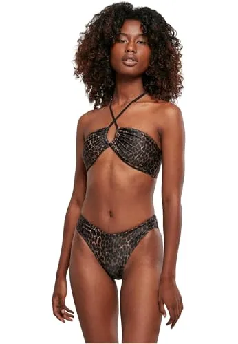 Urban Classics Damen TB5027 Ladies AOP Hot V Bikini, Brownleo, M EU - Bikini-Sets für Damen mit sportlicher V-Form, Oberteil im Bandeau-Stil und raffiniertem Neckholder-Träger für perfekten Sitz und trendigen Look.