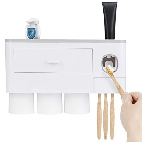 ONVAYA® Zahnbürstenhalter mit automatischem Zahnpastaspender | Selbstklebende Zahnbürstenhalterung ohne Bohren | Set mit Bechern (3 Becher)