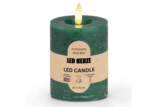 matches21 HOME & HOBBY LED-Kerze LED Stumpenkerze Wachs, Flackernde Flamme, Ø 10x9 cm, Grün (1-tlg), Praktisch mit Fernbedienung & Timerfunktion