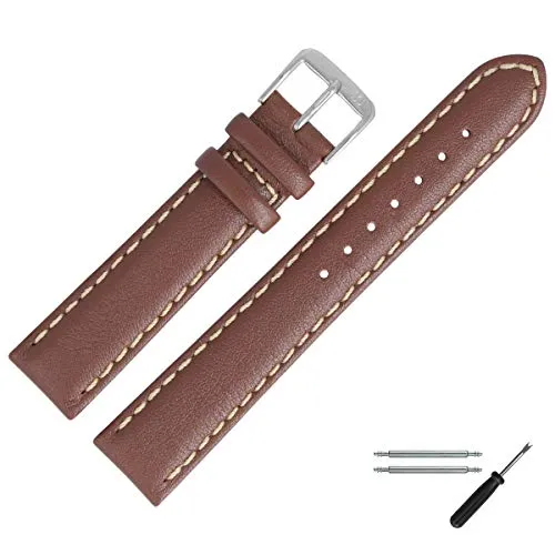 MARBURGER Uhrenarmband 22mm Leder Braun Silber Glatt Mit Naht - Montage Set 8062232000120