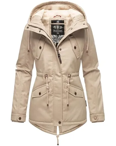MARIKOO Damen warme Winterjacke mit kuscheliger verstellbarer Kapuze Manolya Light Taupe Gr. S