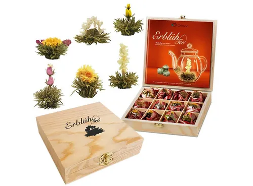 Creano Teeblumen Geschenkset - 12 Erblühtee in edler Holzbox - Weißer Tee in 6 Sorten, ideal als Geschenk für Teeliebhaber. Jede Teeblüte ist bis zu 3x aufgießbar und sorgt für ein beeindruckendes Teeerlebnis.